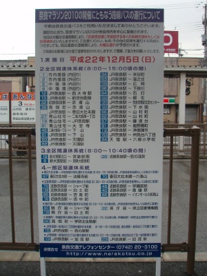 奈良マラソン開催当日の路線バスの運行について知らせる看板
